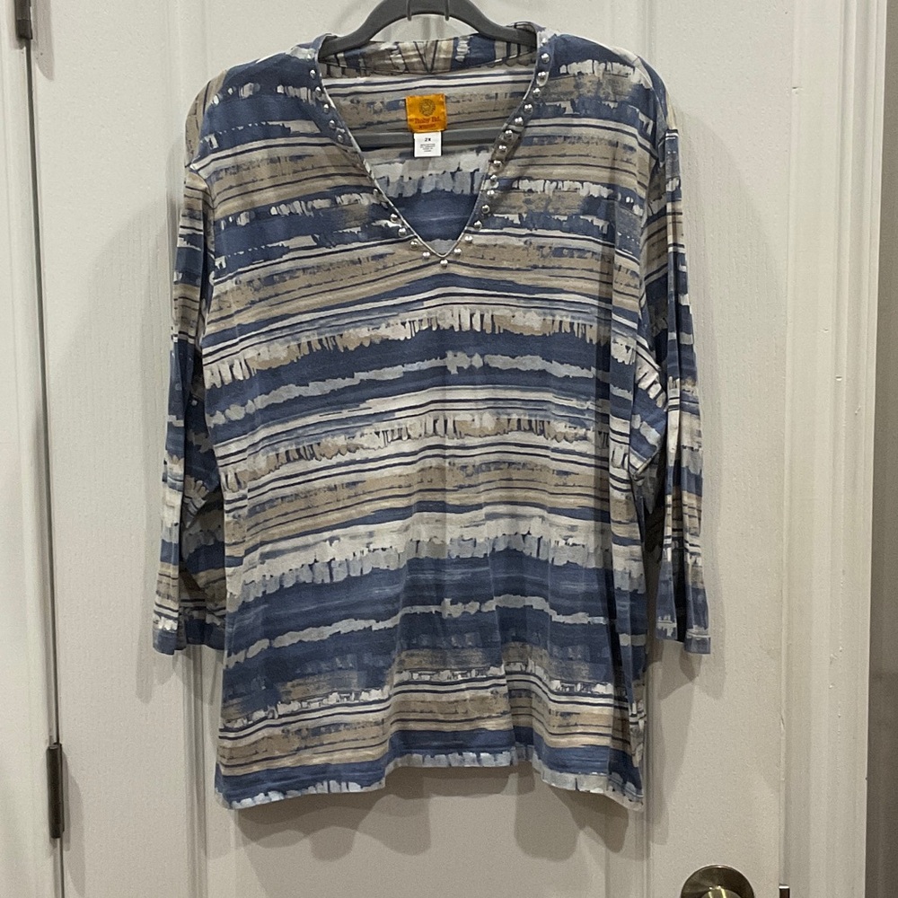 Ruby Rd. Blue and Tan Striped Long Sleeve Top